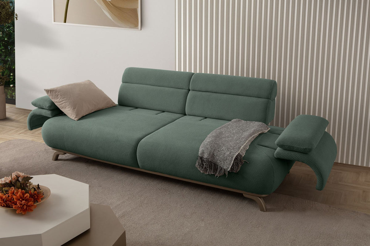 Grünes 3-Sitzer-Sofa Bonjo Silver mit Polyester-Bezug, Holzbeinen und abnehmbarem Rückenkissen, Gestell aus Hainbuche und Spanplatte.