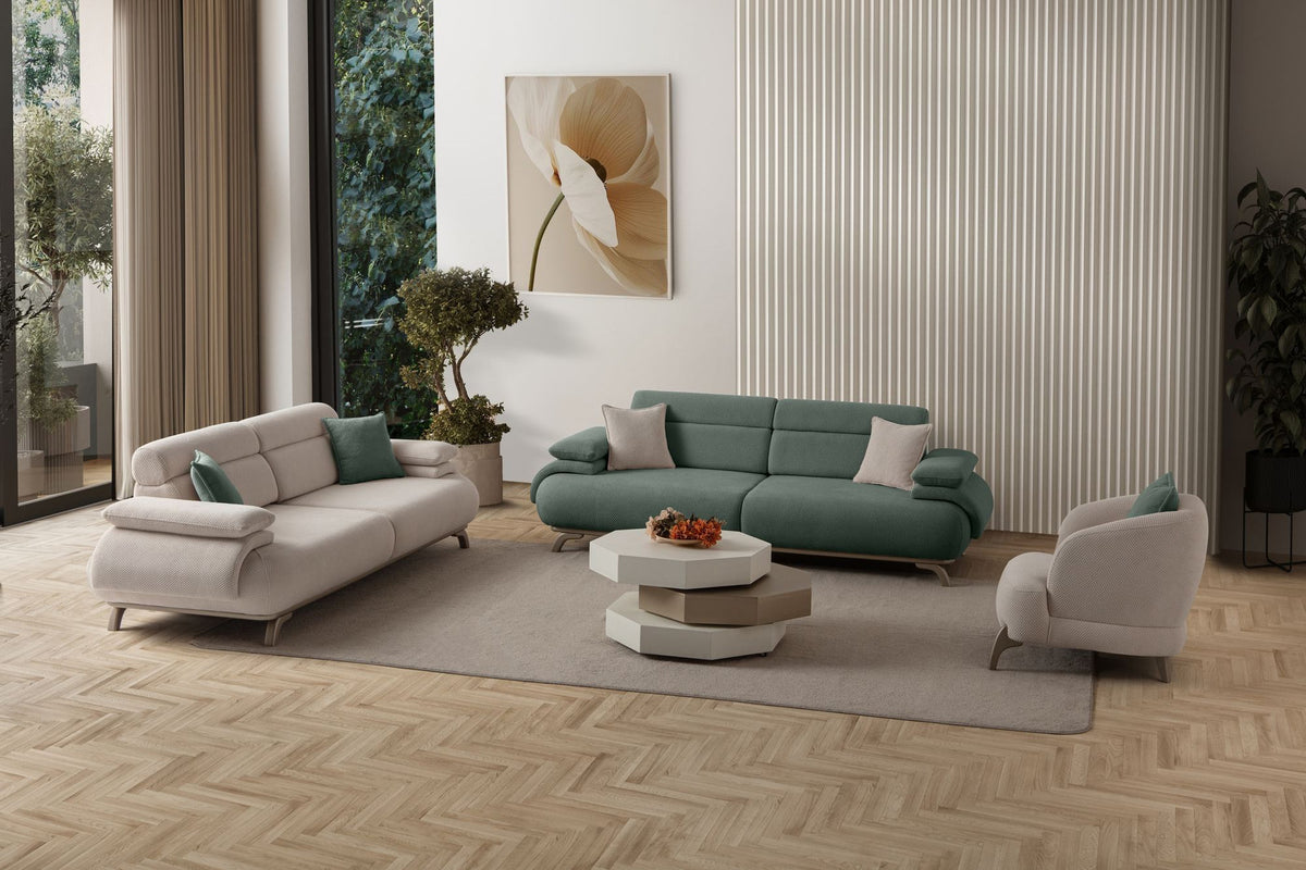 Grünes 3-Sitzer-Sofa Bonjo Silver mit Polyester-Bezug, Holzbeinen und abnehmbarem Rückenkissen, Gestell aus Hainbuche und Spanplatte.