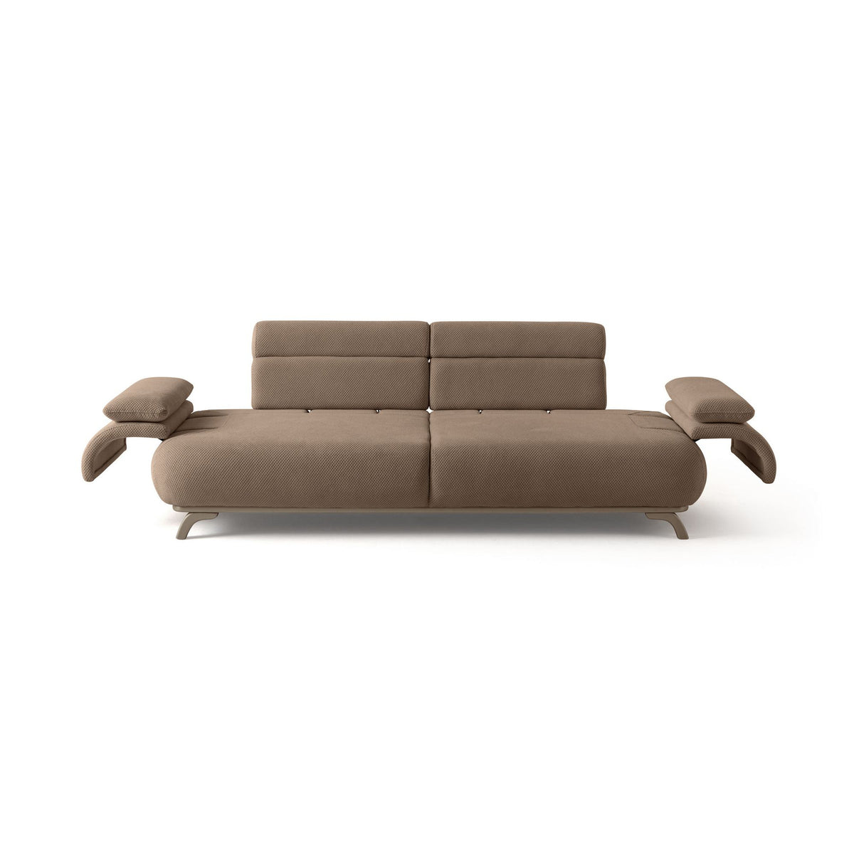Bonjo Silver 3-Sitzer-Sofa in Latte mit Polyesterbezug, Holzbeinen und abnehmbarem Rückenkissen, zwei Kissen auf der Sitzfläche.