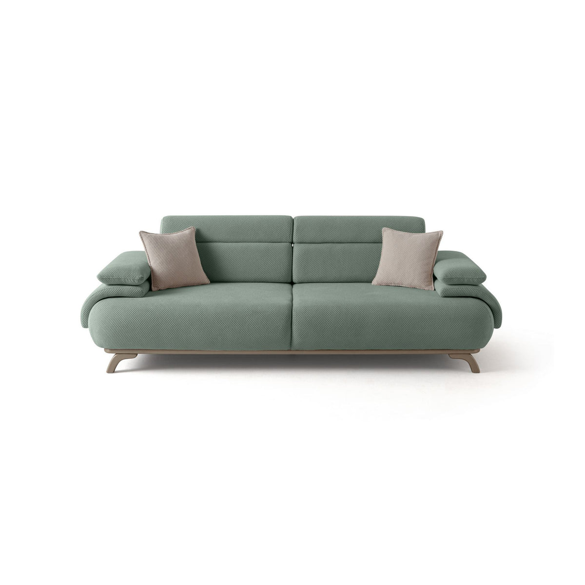 Seegrünes 3-Sitzer-Sofa Bonjo Silver von Hanah Home mit Polyesterbezug, Holzbeinen und zwei losen Kissen, Frontalansicht des Möbelstücks.