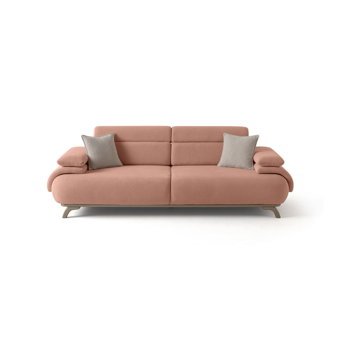 Puderfarbenes 3-Sitzer-Sofa Bonjo Silver mit Polyester-Bezug, Holzbeinen und abnehmbarem Rückenkissen, zwei Zierkissen auf der Sitzfläche.