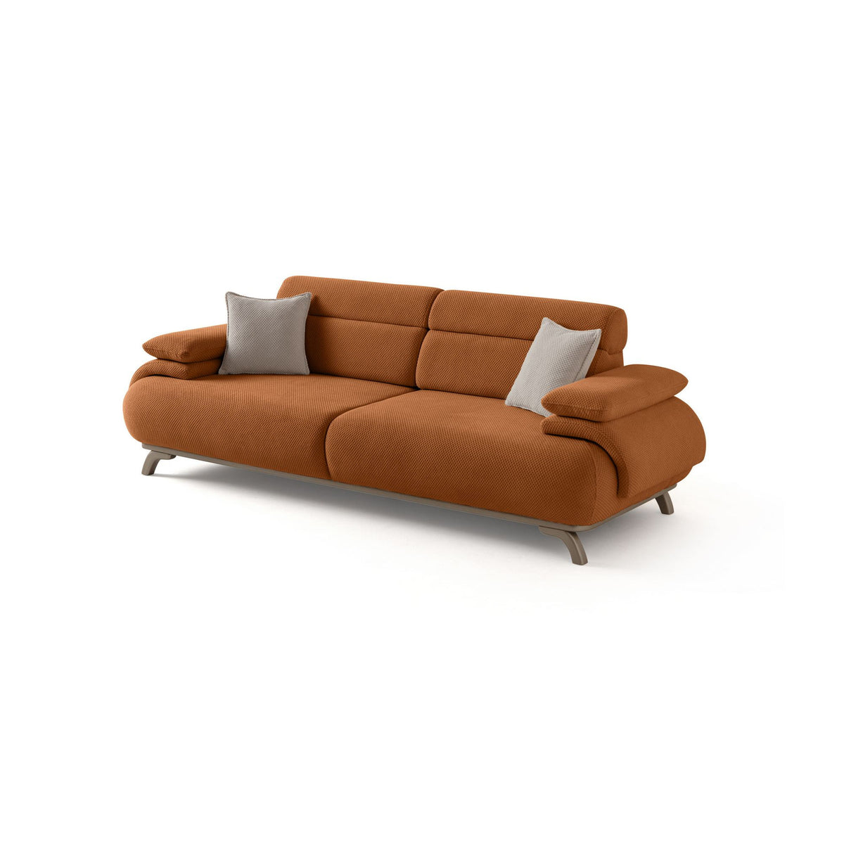 Ziegelrotes 3-Sitzer-Sofa mit Polyesterbezug in Tuna-Struktur, Holzbeinen und abnehmbarem Rückenkissen, zwei Zierkissen auf der Sitzfläche