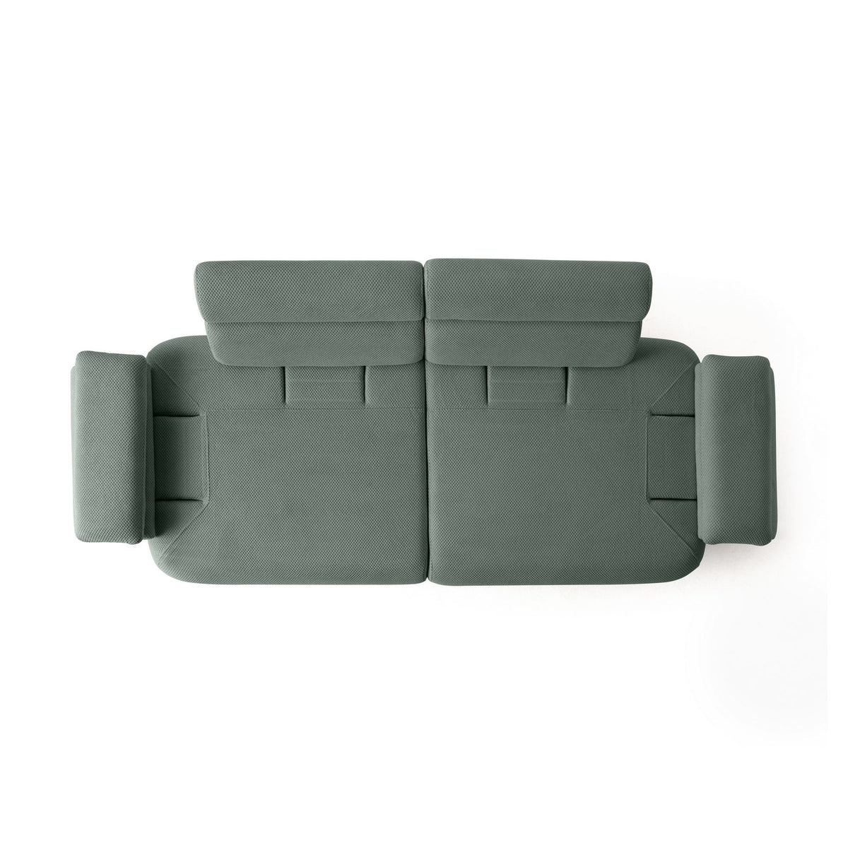 Grünes 3-Sitzer Sofa Bonjo aus Polyesterstoff mit Holzbeinen, Gestell aus Hainbuche, zwei Kissen, Rückenkissen abnehmbar.