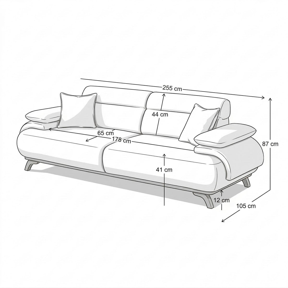 Dreisitzer-Sofa Bonjo in Latte mit Polyesterbezug in Tuna-Struktur, schlanken Holzbeinen und abnehmbarem Rückenkissen, Frontalansicht.