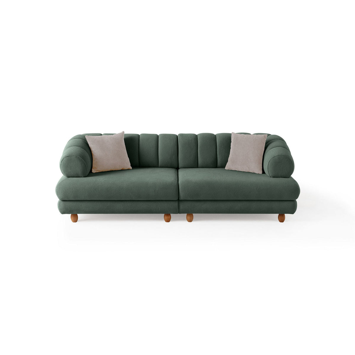 Grünes 3-Sitzer Sofa mit Polyesterbezug in Tuna-Struktur, Holzbeinen und abnehmbarem Sitzkissen, Gestell aus Hainbuche und Spanplatte.