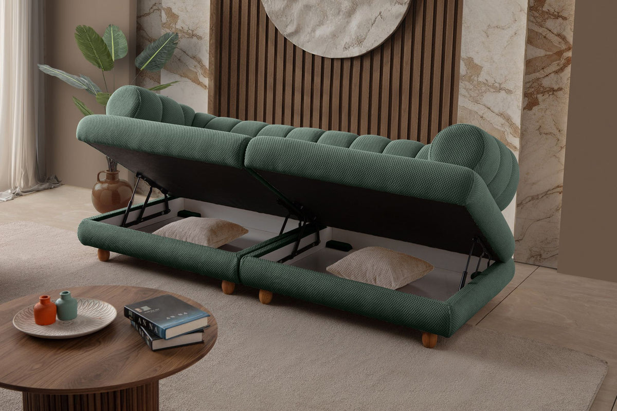 Grünes 3-Sitzer Sofa mit Polyesterbezug in Tuna-Struktur, Holzbeinen und abnehmbarem Sitzkissen, Gestell aus Hainbuche und Spanplatte.