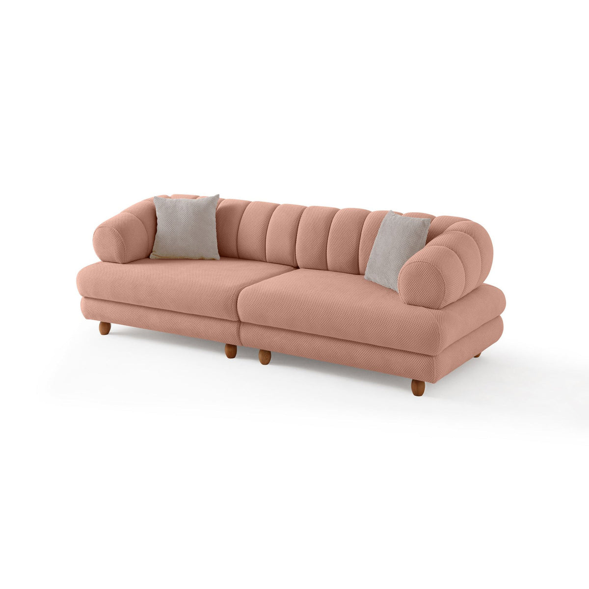 Gepolstertes 3-Sitzer Sofa in Puder mit Polyesterbezug, Holzbeinen und zwei losen Kissen, Gestell aus Hainbuche und Spanplatte.