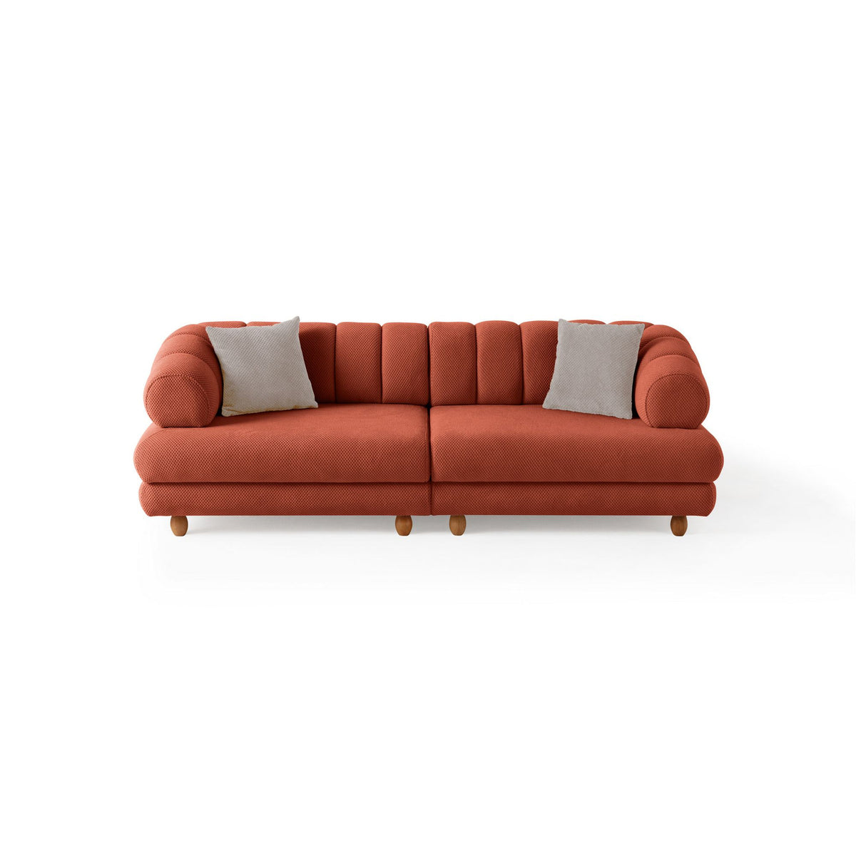 Ziegelrotes 3-Sitzer Sofa mit Polyesterbezug in Tuna-Struktur, Holzbeinen und zwei losen Kissen, Gestell aus Hainbuche und Spanplatte.