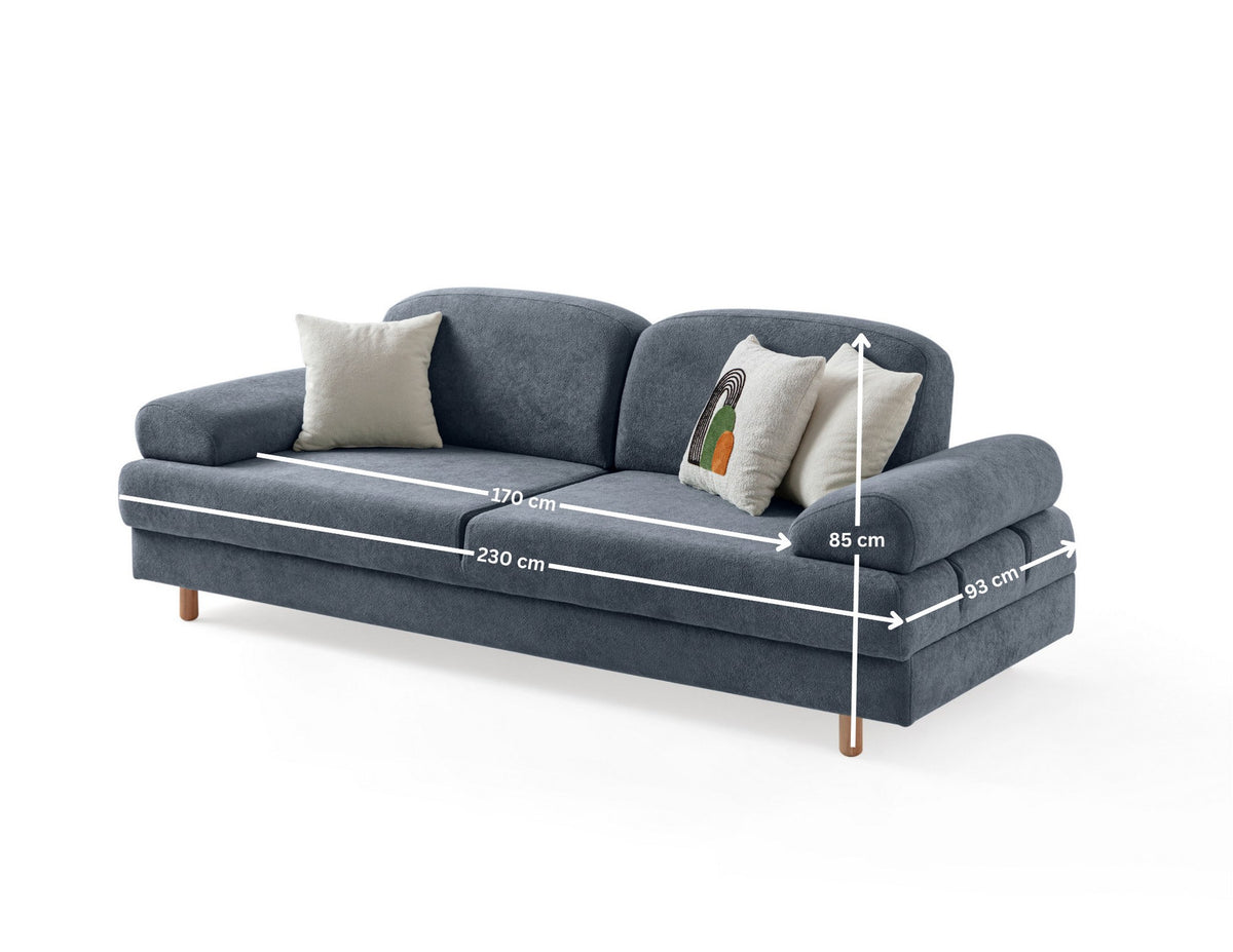 Blaues 3-Sitzer Schlafsofa Aries von Hanah Home mit Coco-Boucle-Stoff, Holzbeinen und drei Kissen, Frontalansicht im Wohnraum.
