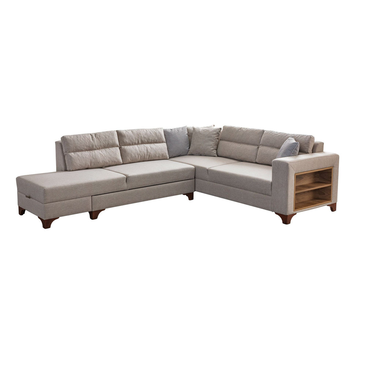 Cremefarbenes Eckschlafsofa T-Loft von Hanah Home mit Leinenstruktur-Stoffbezug, Kunststoffbeinen und acht dekorativen Kissen.