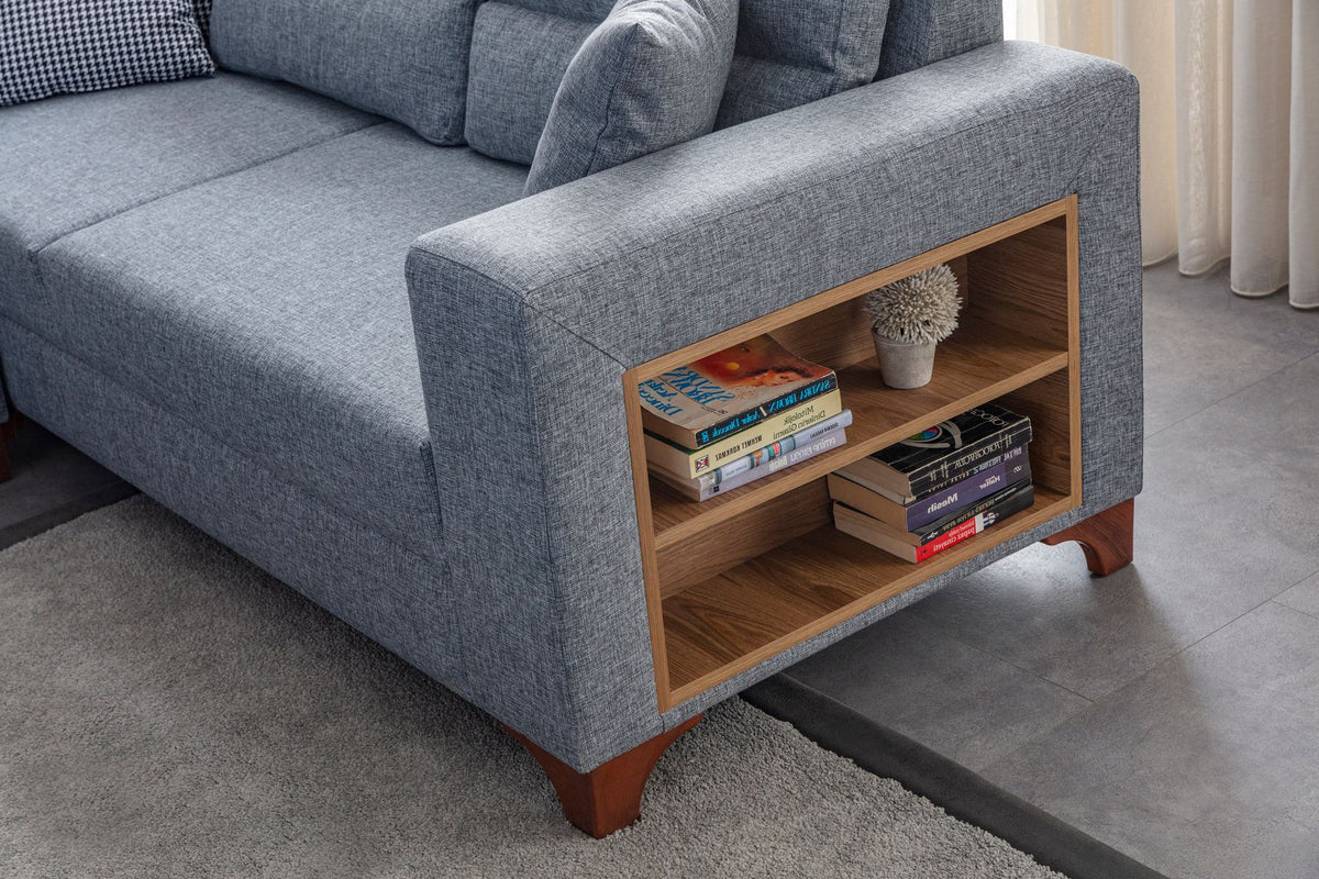 Graues Eckschlafsofa T-Loft mit Polyesterbezug in Leinenstruktur, Holzgestell, abnehmbarem Rückenkissen und mehreren Kissen.