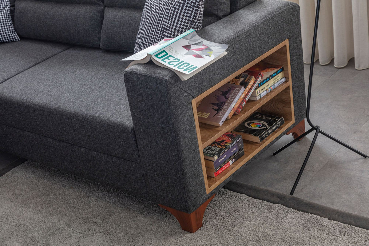 Eckschlafsofa T-Loft rechts in Anthrazit von Hanah Home, Stoffbezug mit Leinenstruktur, Kunststoffbeine, inklusive acht Kissen.