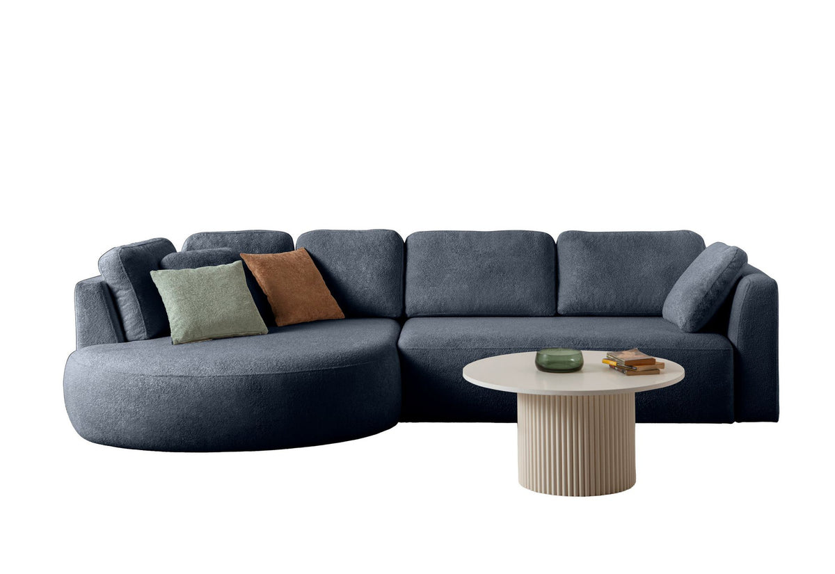 Marineblaues Ecksofa Venezia mit Polyesterbezug, Hainbuchen-Gestell, Kunststoffbeinen und neun losen Kissen, Loungemodul links.