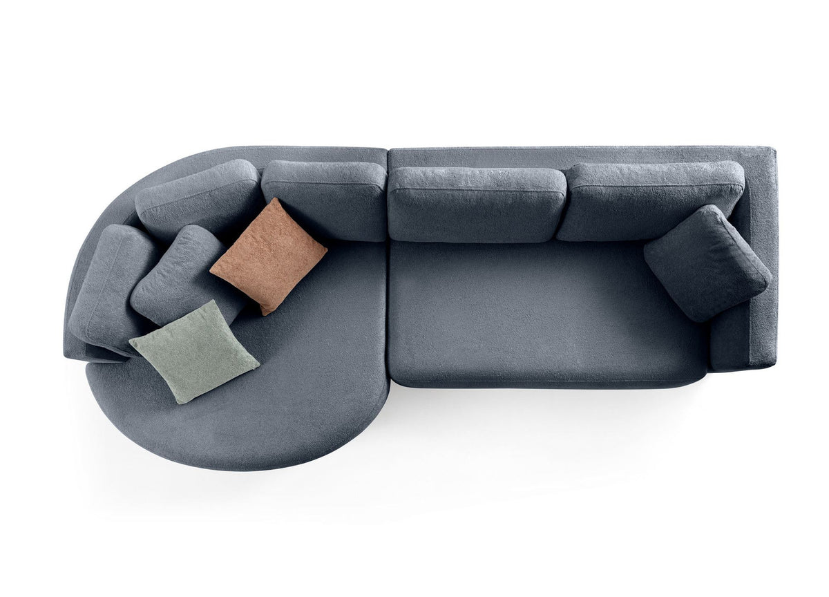 Marineblaues Ecksofa Venezia mit Polyesterbezug, Hainbuchen-Gestell, Kunststoffbeinen und neun losen Kissen, Loungemodul links.