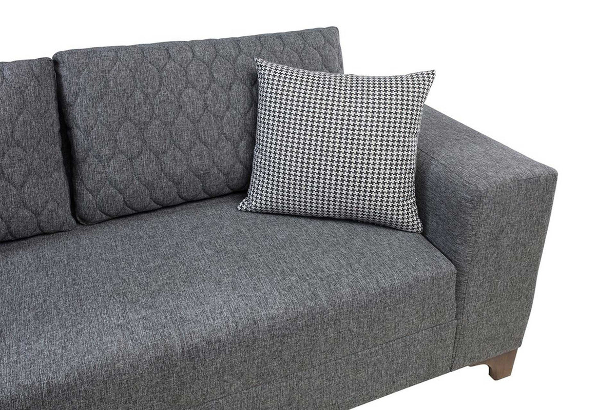 Graues Eckschlafsofa mit Leinenstruktur-Polyesterbezug, Holzgestell und Kunststoffbeinen, inklusive acht Kissen und abnehmbarem Rückenkissen.