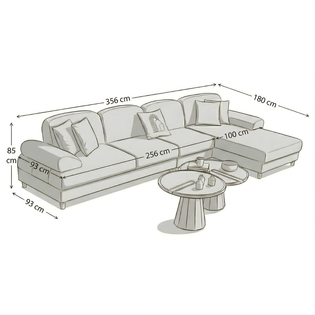 Anthrazitfarbenes Eck-Schlafsofa mit Coco-Boucle-Stoffbezug, Holzbeinen und rechter Truhe, fotografiert freistehend im Raum.