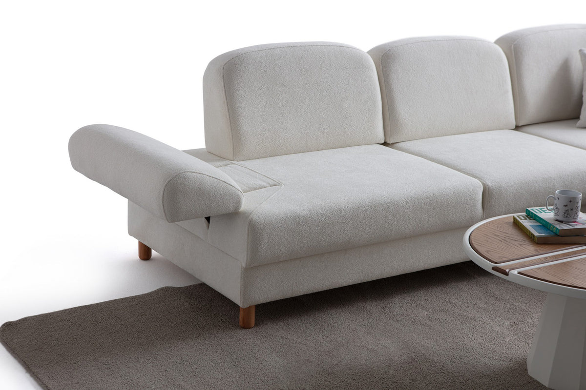 Weisses Eck-Schlafsofa Aries mit Coco-Boucle-Stoff, Holzbeinen und verstellbarer Rückenlehne, rechte Ausführung, Hanah Home.