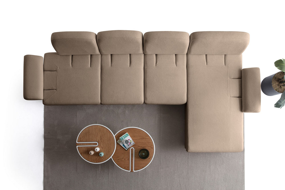 Braunes Eck-Schlafsofa Aries Relax Joker mit Coco-Boucle-Stoff, Holzbeinen und Aufbewahrungsbox, rechte Ausführung, von Hanah Home.