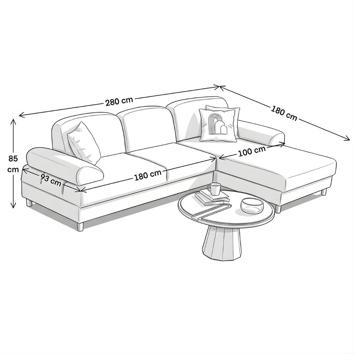 Eck-Schlafsofa Aries rechts in Milchkaffee mit Coco-Boucle-Stoff, Holzbeinen und Bettkasten, Ansicht von vorne.