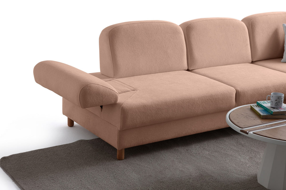 Eck-Schlafsofa Aries in Altrosa mit Coco-Boucle-Stoffbezug, Holzbeinen und ausklappbarer Liegefläche, rechte Ausführung.