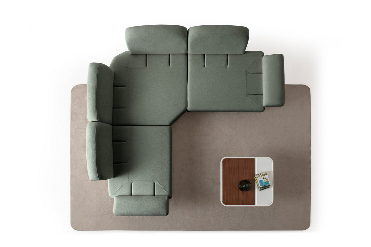 Grünes Eck-Schlafsofa Aries Modular S von Hanah Home mit Coco-Boucle-Stoffbezug, Holzbeinen und integrierter Truhe für Stauraum.
