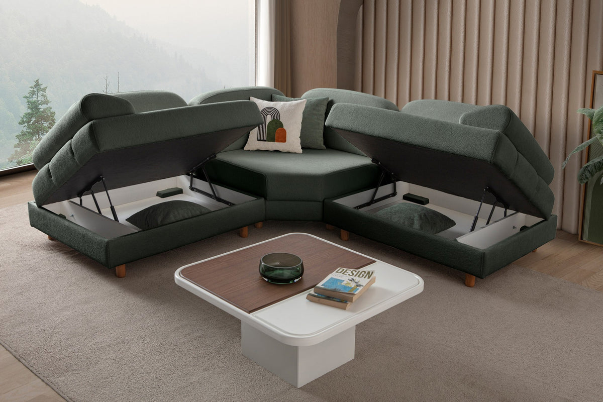 Grünes Eck-Schlafsofa Aries Modular S von Hanah Home mit Coco-Boucle-Stoffbezug, Holzbeinen und integrierter Truhe für Stauraum.