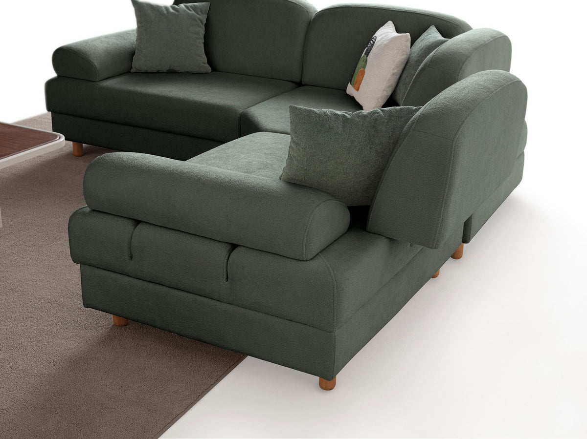 Grünes Eck-Schlafsofa Aries Modular S von Hanah Home mit Coco-Boucle-Stoffbezug, Holzbeinen und integrierter Truhe für Stauraum.