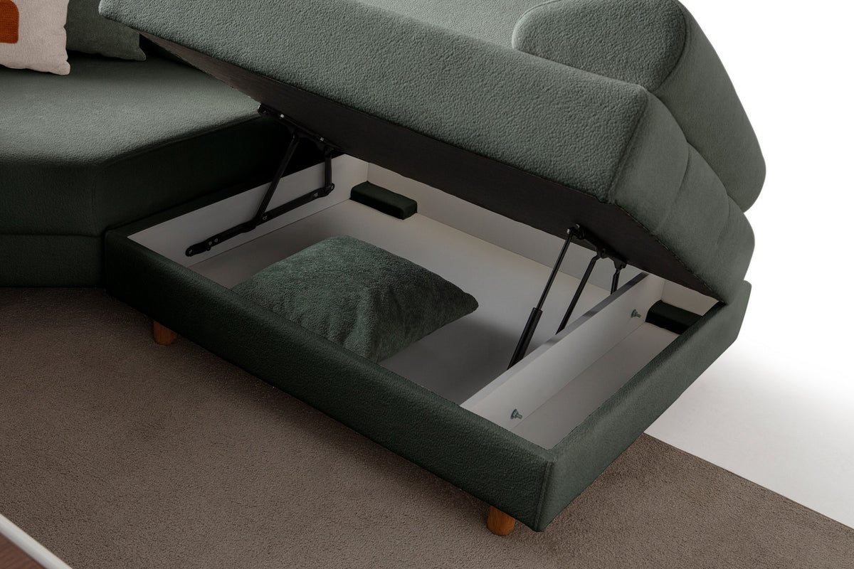 Grünes Eck-Schlafsofa Aries Modular S von Hanah Home mit Coco-Boucle-Stoffbezug, Holzbeinen und integrierter Truhe für Stauraum.