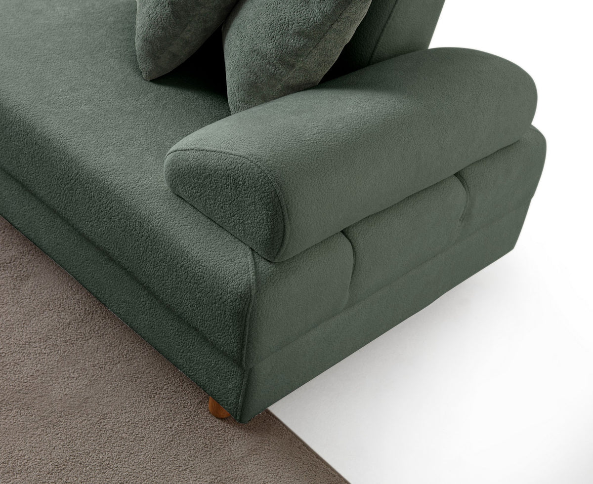 Grünes Eck-Schlafsofa Aries Modular S von Hanah Home mit Coco-Boucle-Stoffbezug, Holzbeinen und integrierter Truhe für Stauraum.