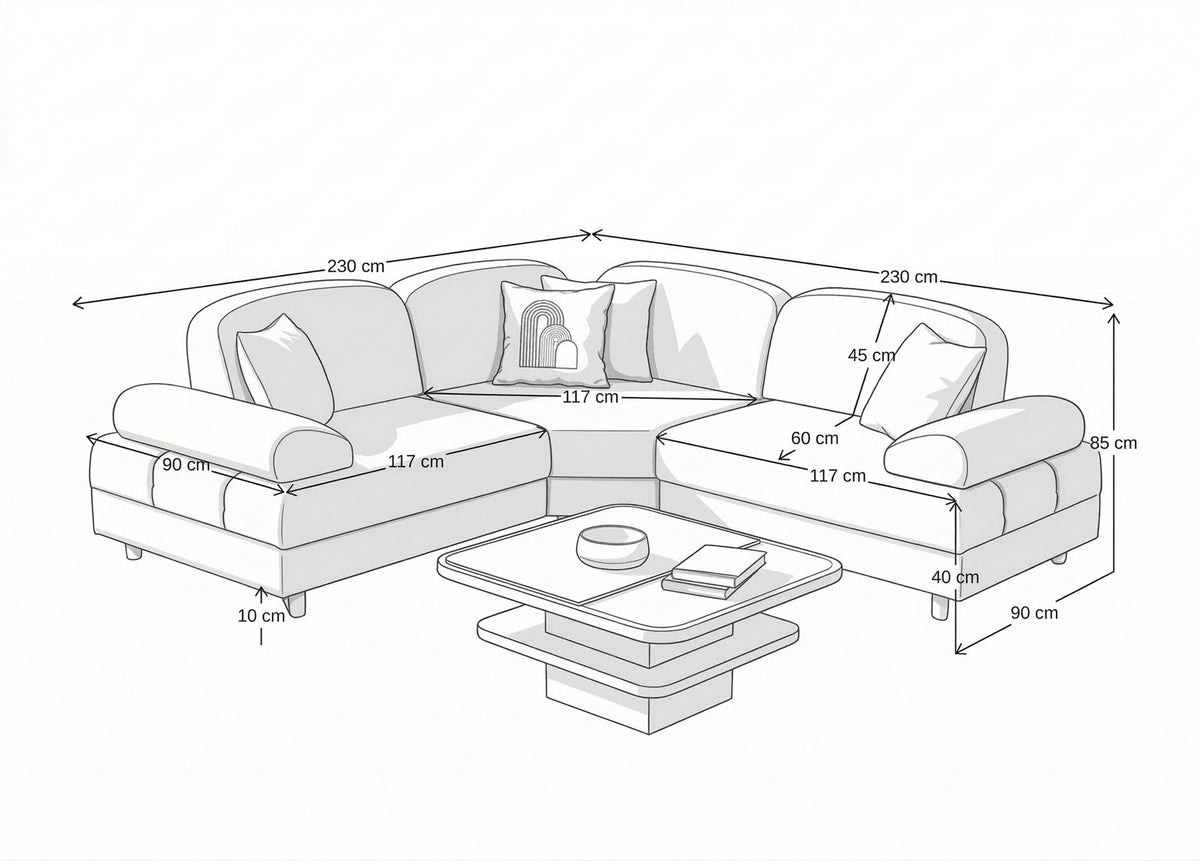 Eckschlafsofa Aries Modular S in Milchkaffee mit Coco-Boucle-Stoff, Holzbeinen und vier Kissen, fotografiert im Wohnraum.