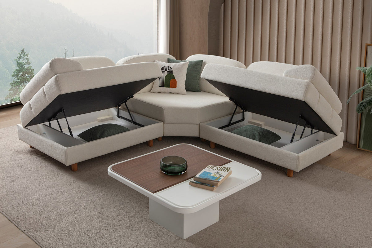 Weisses Eck-Schlafsofa Aries Modular S von Hanah Home mit Boucle-Stoffbezug, Holzbeinen und vier Kissen, Grösse 230x230x85 cm.