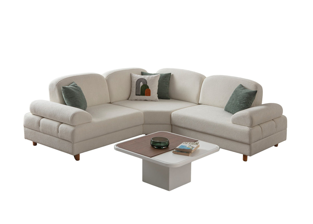 Weisses Eck-Schlafsofa Aries Modular S von Hanah Home mit Boucle-Stoffbezug, Holzbeinen und vier Kissen, Grösse 230x230x85 cm.
