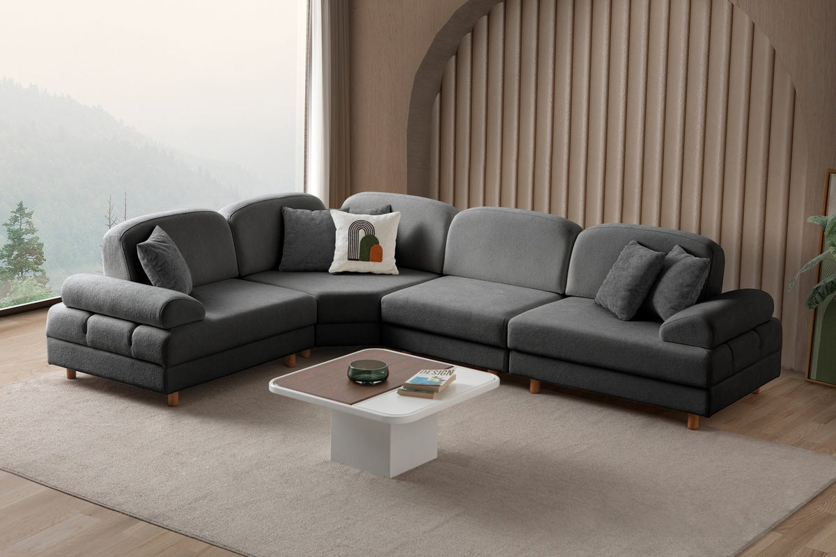 Anthrazitfarbenes Eck-Schlafsofa mit Boucle-Stoffbezug, Holzbeinen und Aufbewahrungstruhe, fotografiert in modularer L-Form.