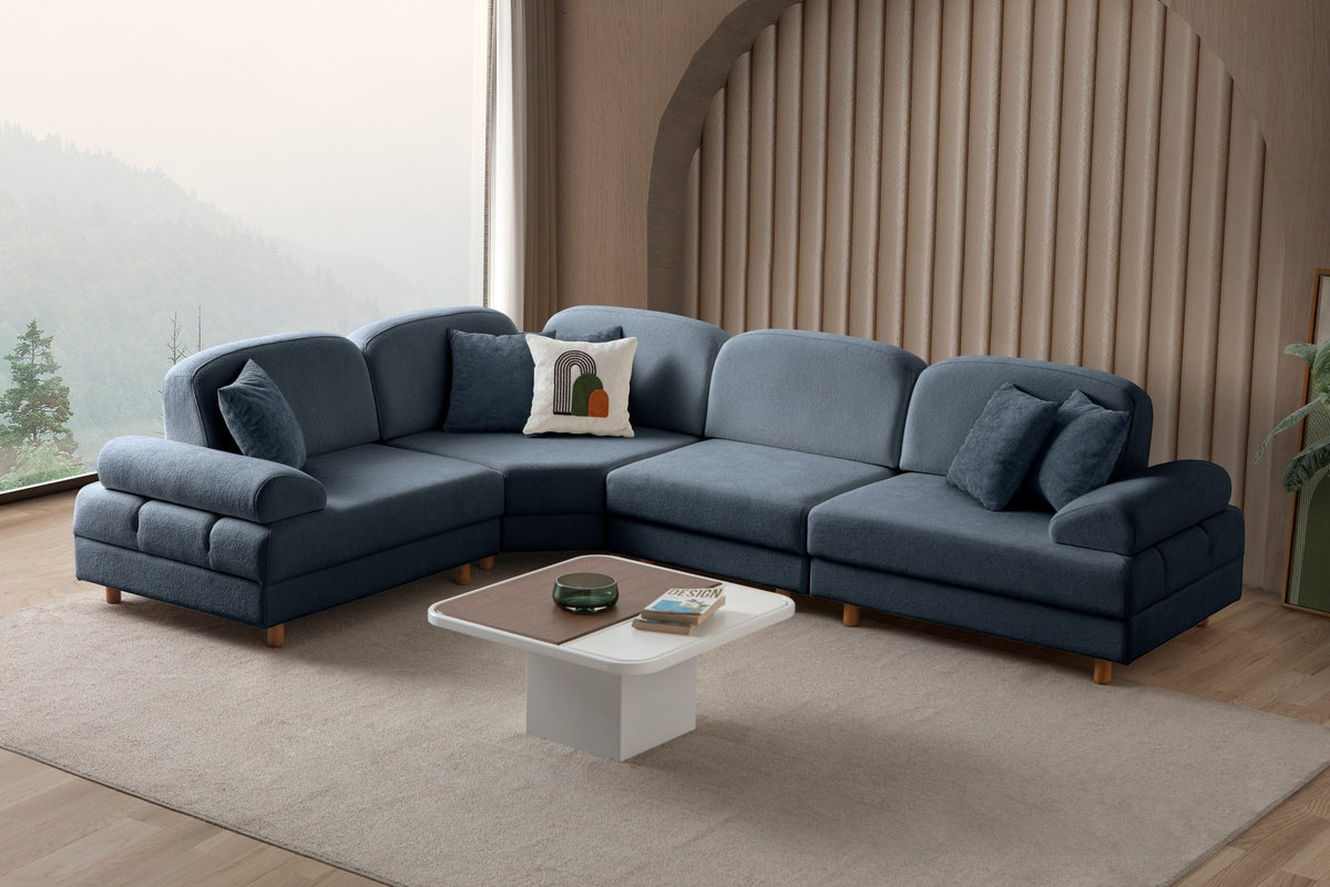 Marineblaues Eck-Schlafsofa Aries Modular M von Hanah Home mit Coco-Boucle-Stoffbezug, Holzbeinen und ausklappbarer Liegefläche.