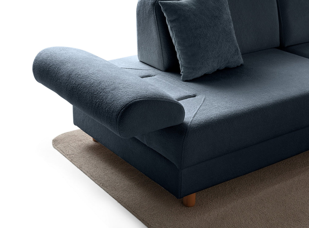 Marineblaues Eck-Schlafsofa Aries Modular M von Hanah Home mit Coco-Boucle-Stoffbezug, Holzbeinen und ausklappbarer Liegefläche.