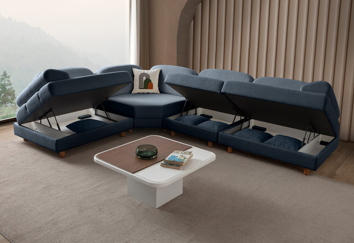 Marineblaues Eck-Schlafsofa Aries Modular M von Hanah Home mit Coco-Boucle-Stoffbezug, Holzbeinen und ausklappbarer Liegefläche.