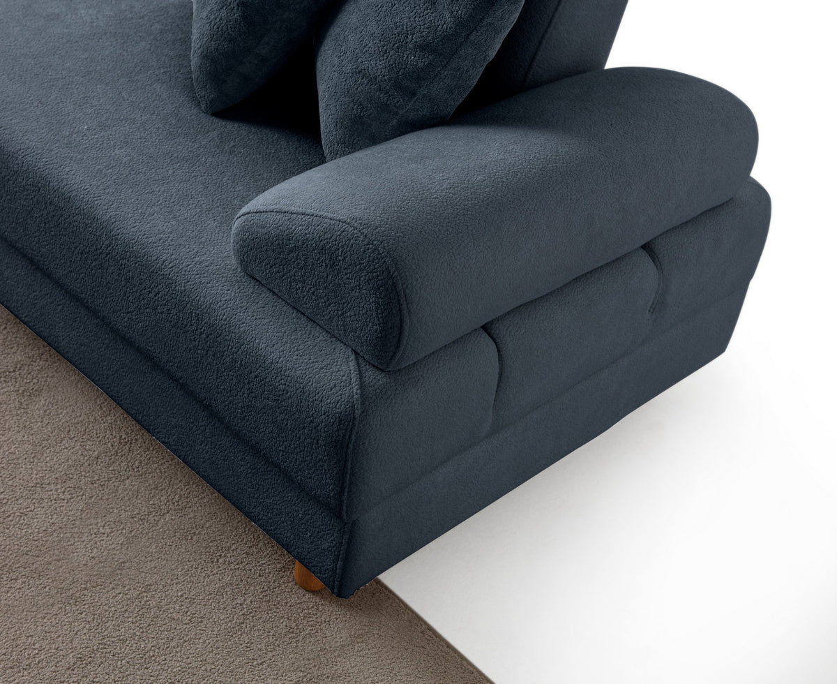 Marineblaues Eck-Schlafsofa Aries Modular M von Hanah Home mit Coco-Boucle-Stoffbezug, Holzbeinen und ausklappbarer Liegefläche.