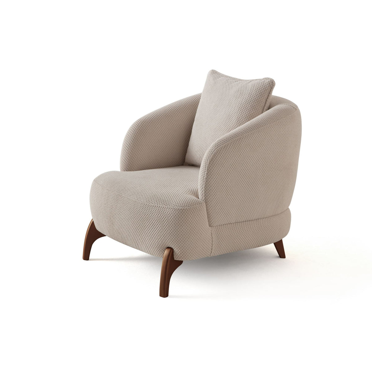Beiger Ohrensessel mit Hainbuche-Gestell, Polyesterbezug in Tuna-Struktur, Holzbeinen und abnehmbarem Rückenkissen, Wing-Chair-Form.