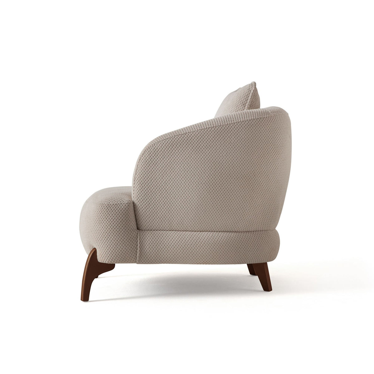 Beiger Ohrensessel mit Hainbuche-Gestell, Polyesterbezug in Tuna-Struktur, Holzbeinen und abnehmbarem Rückenkissen, Wing-Chair-Form.