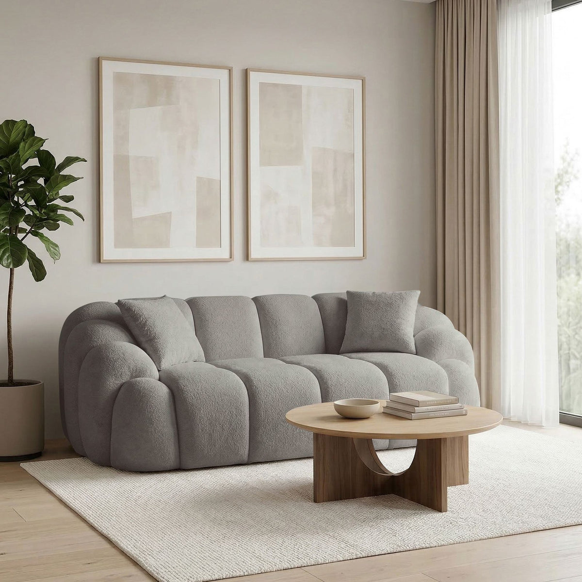 Graues 2-Sitzer Sofa Octavio mit Polyesterbezug, Kunststoffbeinen und zwei Kissen, Frontansicht auf hellem Hintergrund.