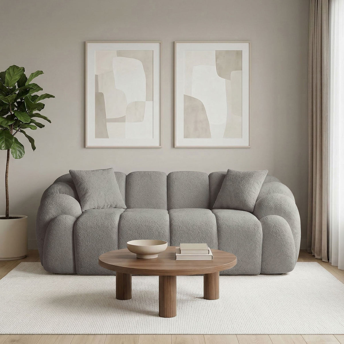 Graues 2-Sitzer Sofa Octavio mit Polyesterbezug, Kunststoffbeinen und zwei Kissen, Frontansicht auf hellem Hintergrund.