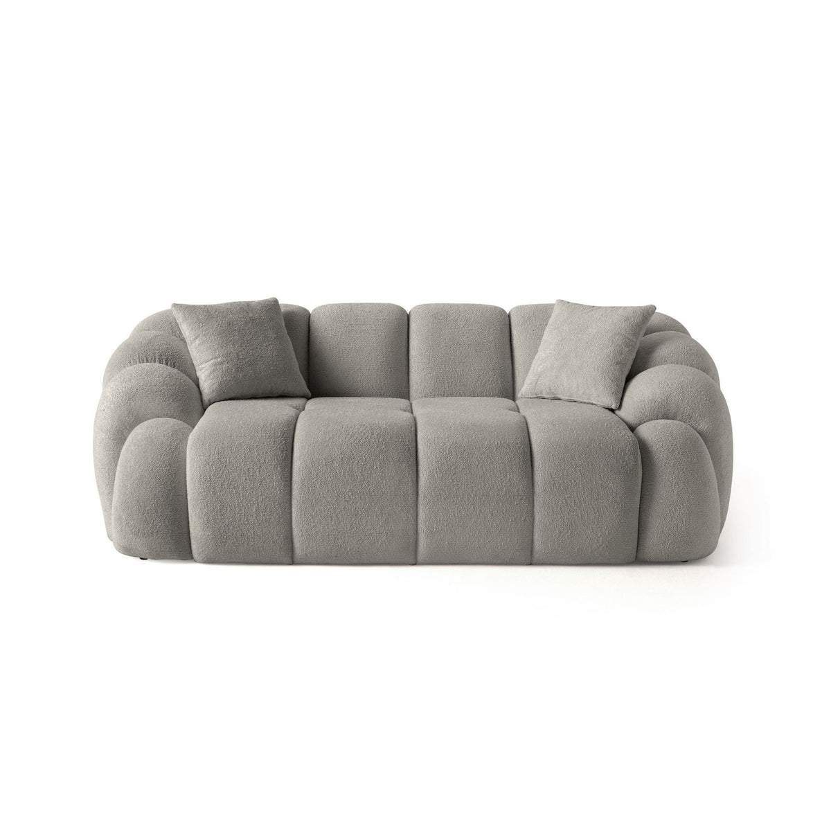 Graues 2-Sitzer Sofa Octavio mit Polyesterbezug, Kunststoffbeinen und zwei Kissen, Frontansicht auf hellem Hintergrund.