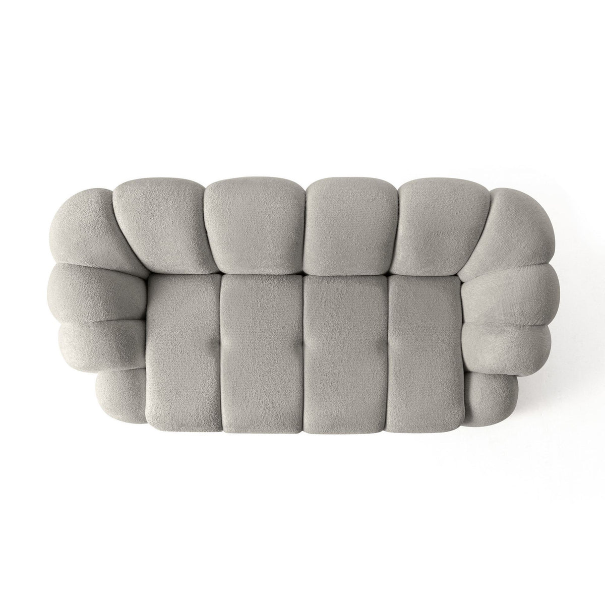 Graues 2-Sitzer Sofa Octavio mit Polyesterbezug, Kunststoffbeinen und zwei Kissen, Frontansicht auf hellem Hintergrund.