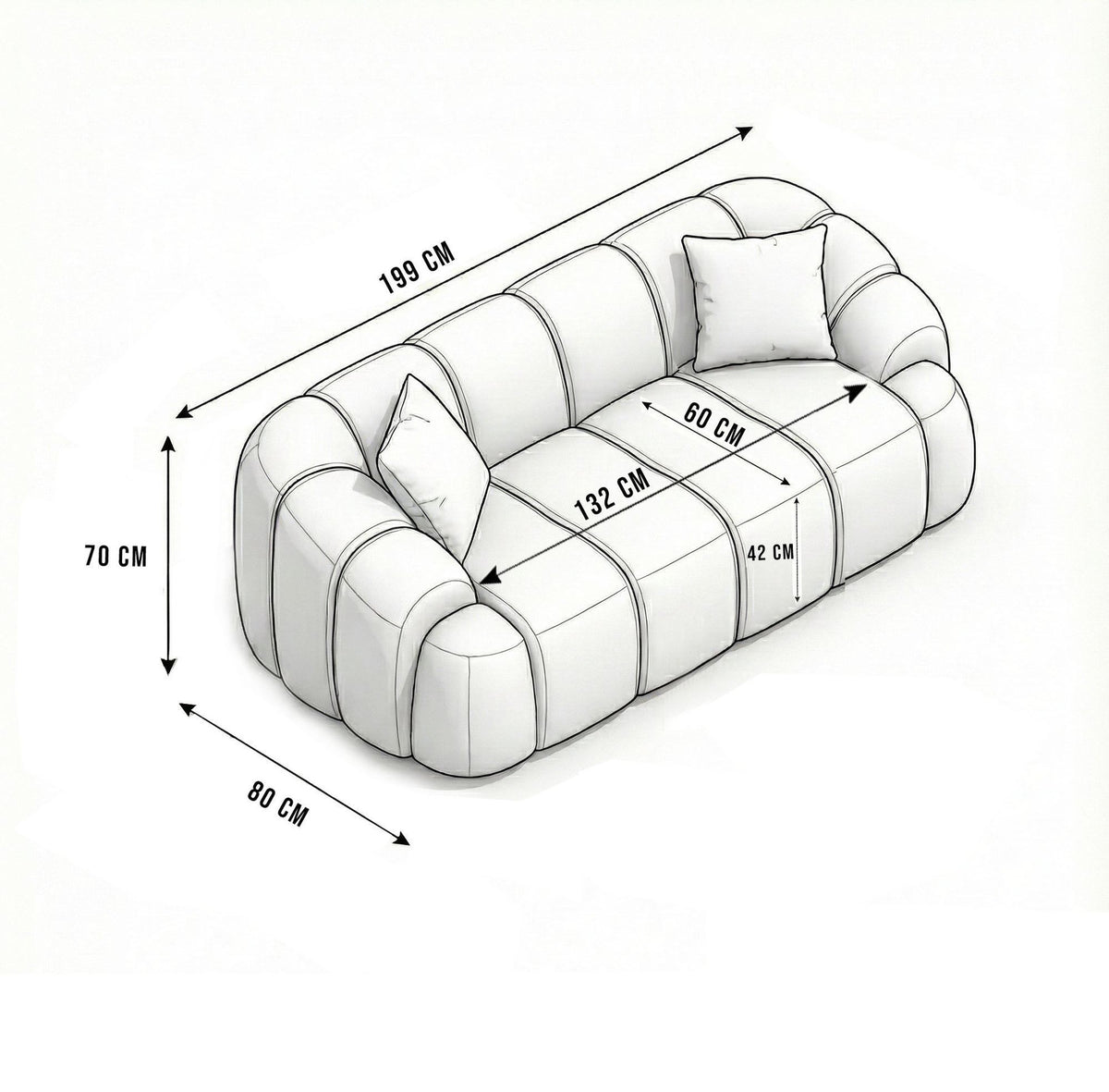 Graues 2-Sitzer Sofa Octavio mit Polyesterbezug, Kunststoffbeinen und zwei Kissen, Frontansicht auf hellem Hintergrund.