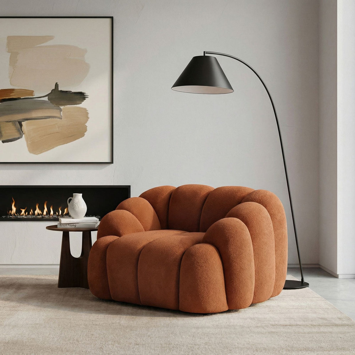 Einsitzer-Sofa Octavio in Ziegelrot mit Polyesterbezug, Kunststoffbeinen und abnehmbarem Rückenkissen, Gestell aus Hainbuche und Spanplatte.
