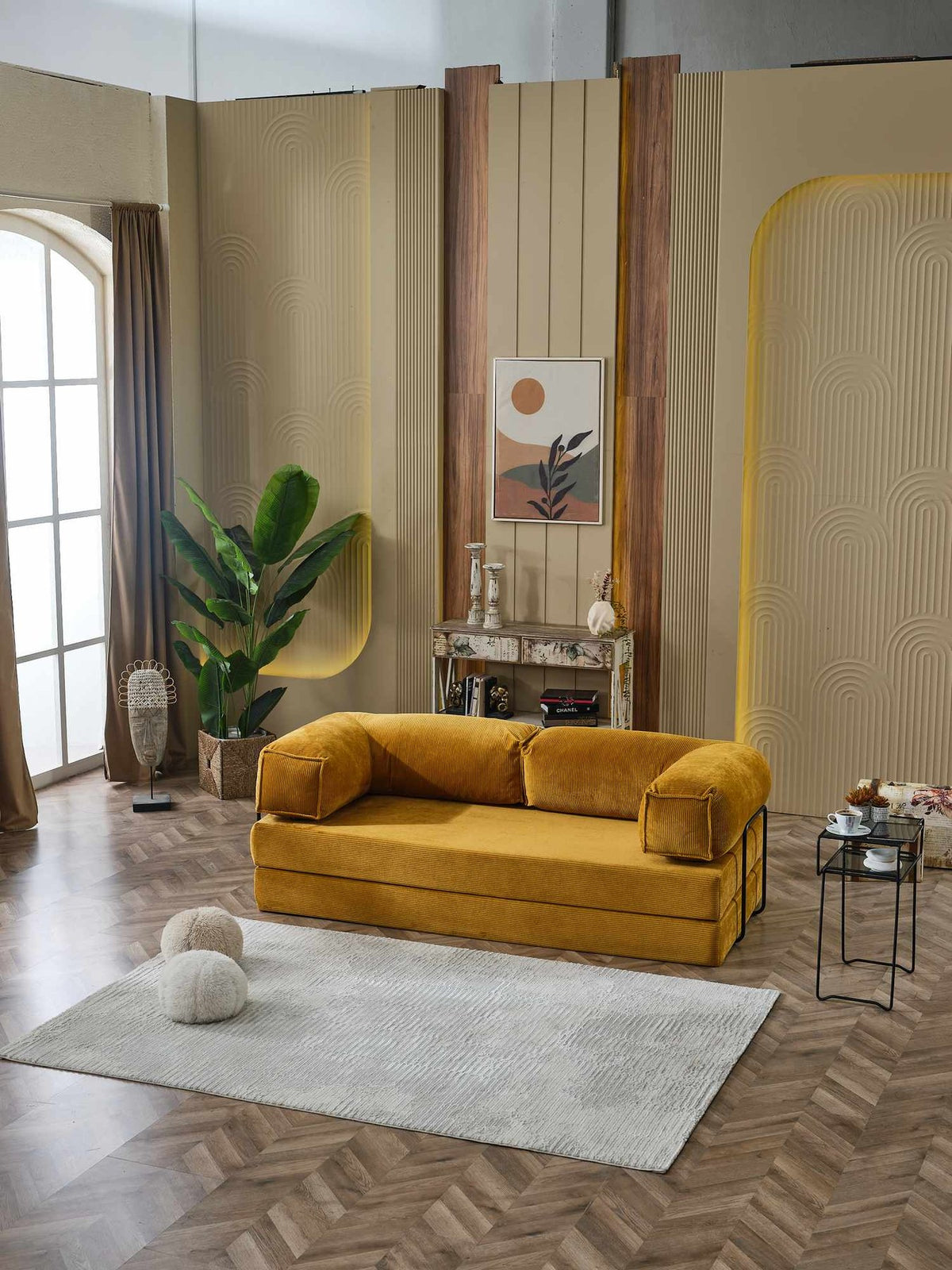 Senfgelbes 3-Sitzer Schlafsofa Kanepe 200 aus Polyester-Leinen-Stoff mit Eisenstützstreben, ausgeklappt als Bettfläche 200 x 200 cm sichtbar.