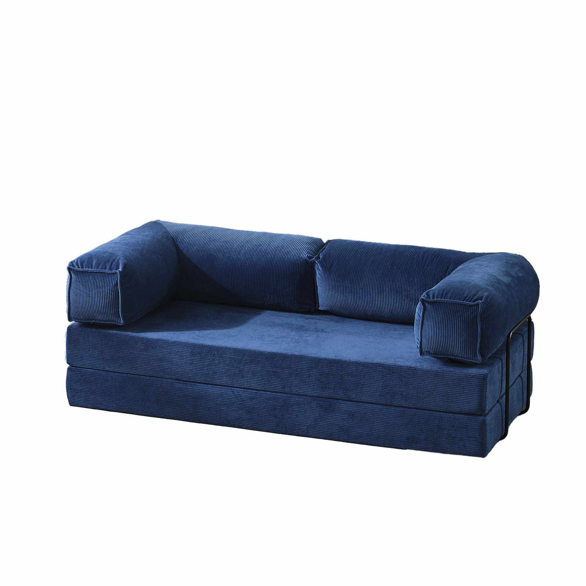 Dunkelblaues 3-Sitzer Schlafsofa Kanepe 200 von Hanah Home aus Polyester und Leinen, mit Eisenstützstreben und ausklappbarer Liegefläche.