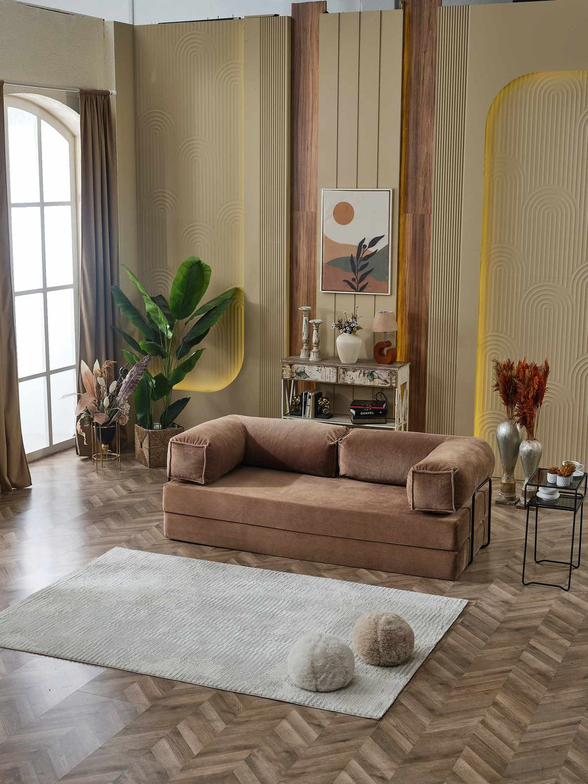 Dreisitzer-Schlafsofa Kanepe 200 von Hanah Home in Mink-Farbton, Bezug aus Polyester und Leinen, mit sichtbaren Eisenstützstreben und abnehmbarem Sofabezug.