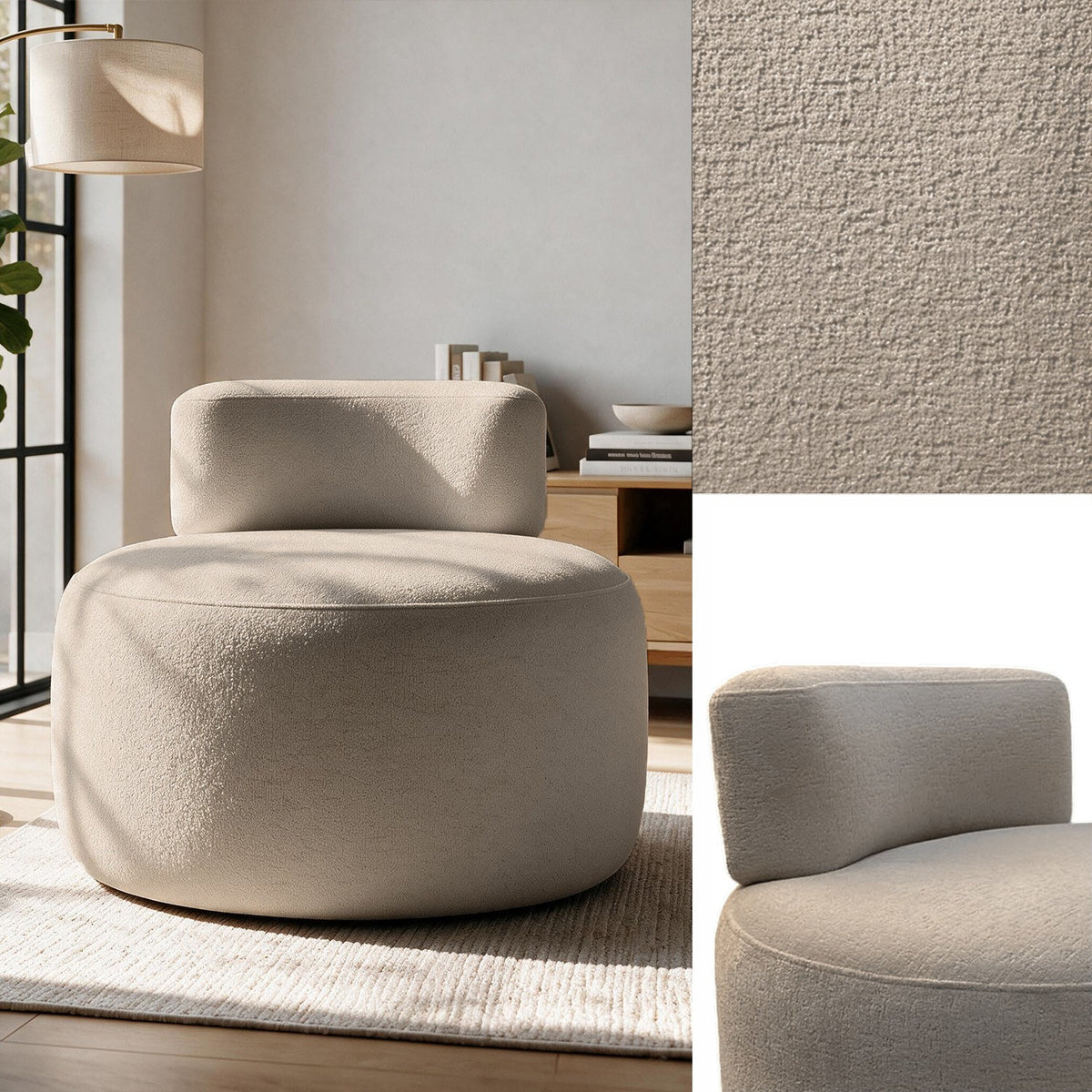 Ohrensessel Ellipse in Latte von Hanah Home, gestrickter Polyesterbezug, Schaumstoffpolsterung, Kunststoffbeine, Wing-Chair-Form.