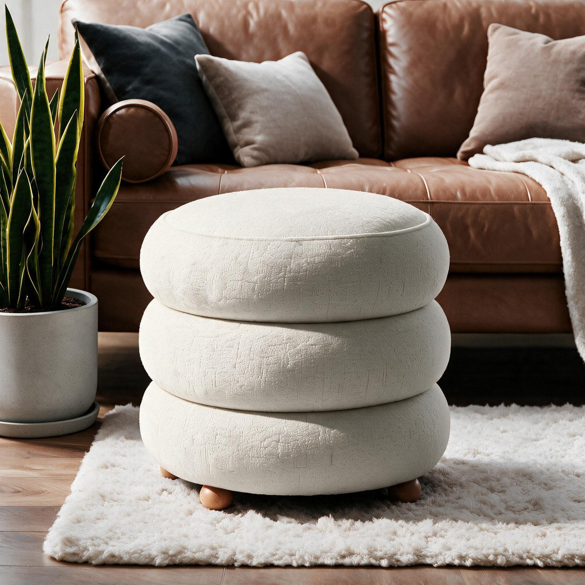Runder Pouf in Off-White von Hanah Home mit gestricktem Polyesterbezug, Holz-Kugelfüssen und sichtbarem Stauraumfach im Innenraum.